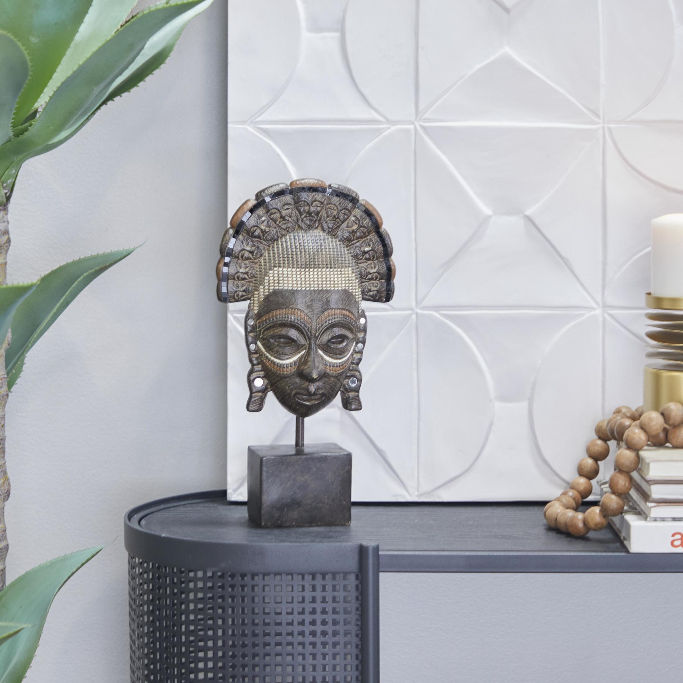 7" x 14" Brown Polystone African Tribal Mask Sculpture with Rust and Navy Carvings and Block Base, by DecMode