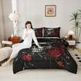 thumbnail image 4 of Erosebridal Ensemble de Literie Bohémien à Tête de Mort avec Couette, Ensembles de Literie à Imprimé Damassé avec Couette, Couette Réversible à Fleurs Rouges, Décoration de Chambre Légère, 2 Pcs, 4 of 8