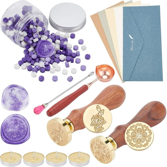 Wax Seal Kit 2pcs Flower Wax Seal Stamp with 300pcs Sealing Wax Beads1pc Wax Spoon 1pc Stirring 5pcs Envelopes4pcs Candle for Wedding Invitations Gift Art Crafts Sealing(Cherry Blossoms) Mixed Color