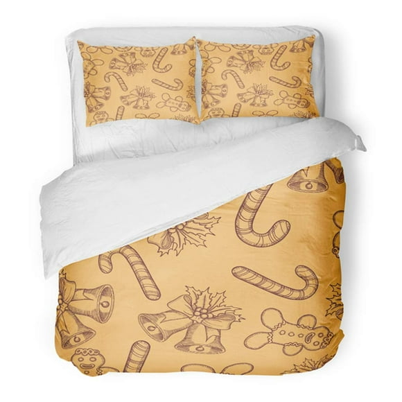 RYLABLUE 3 Piece Bedding Set Red Box Christmas Bells with Candy Cane and Gingerbreadman Cake Canvas Cartoon Deer Twin Size Duvet Cover with 2 Pillowcase for Home Bedding Room Decoration