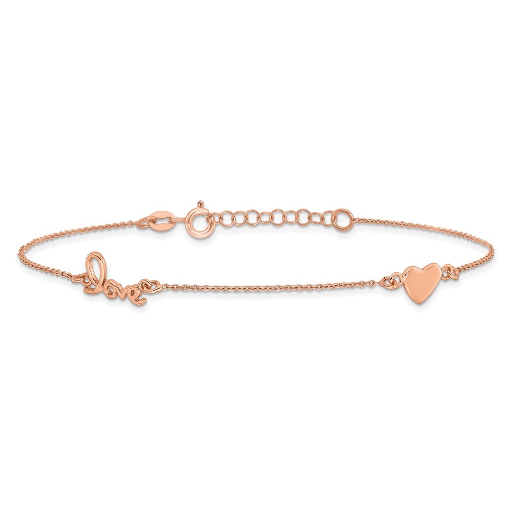 Sterling Silver Rose Tone Love and Heart 9in Plus 1in ext Anklet
