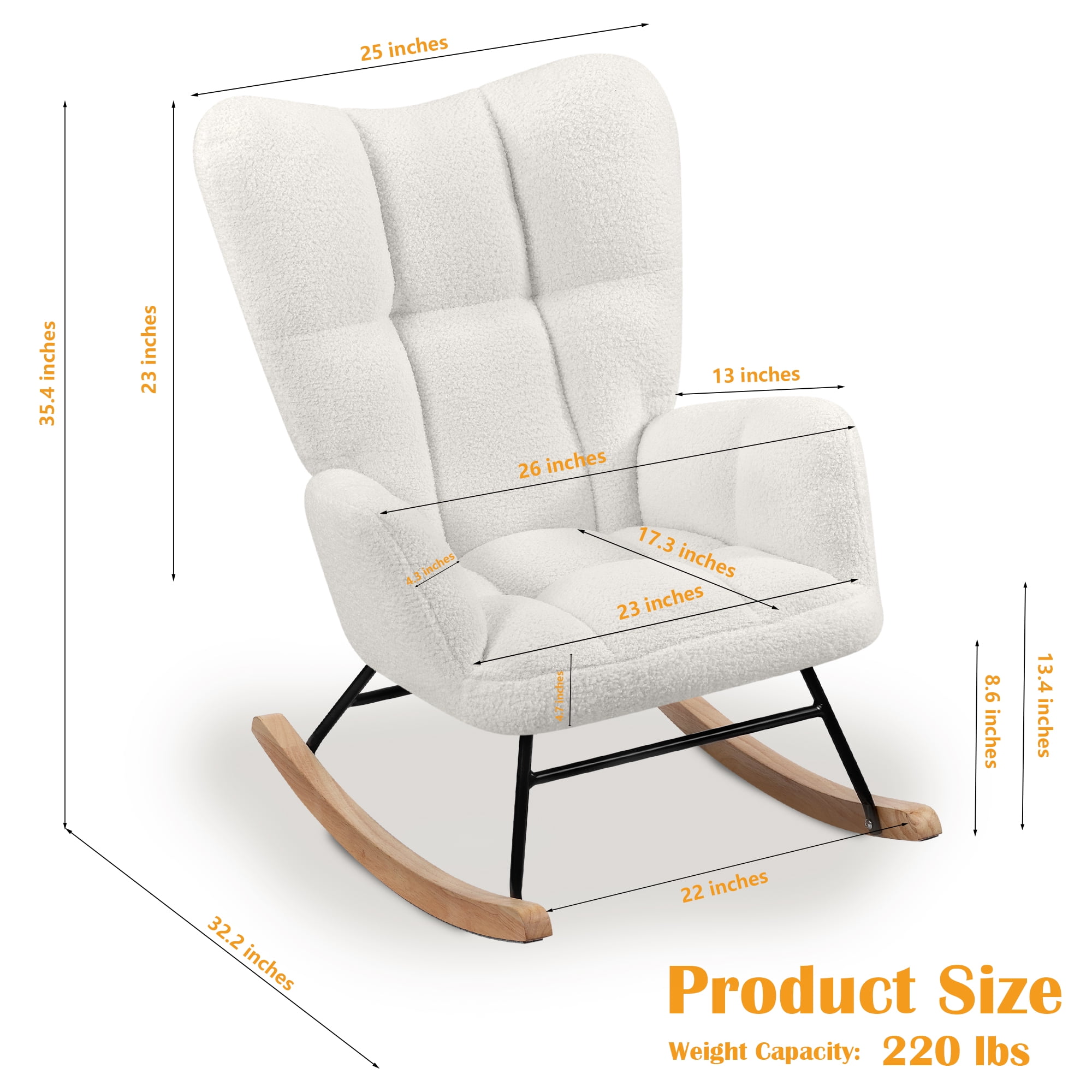 TrumanPick Rocking Chair Nursery Boucle Upholstered Accent Chairs Comfy Glider Rocker with High Backrest for Living Room,White