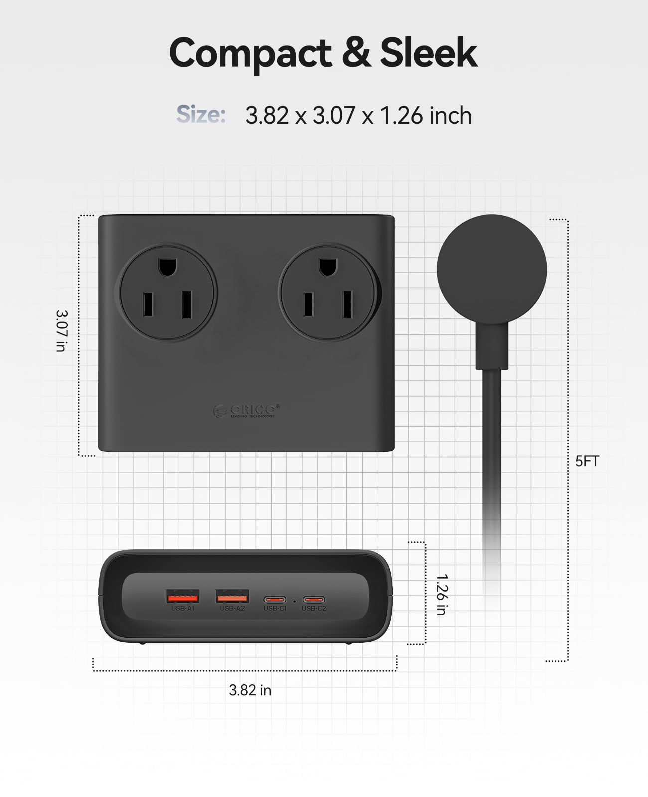 ORICO 25W GaN 8-in-1 Power Strip with 4 AC Outlets & 4 USB Ports (USB-A/USB-C), 5ft Flat Plug Outlet Extender for Home Office Travel(BLACK)