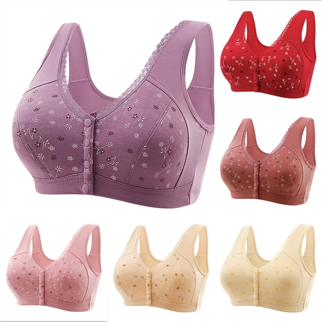 yoeyez Front Closure Bras for Women Button Comfortable Daisy Bras for Seniors Full Coverage No Underwire Bras with Back Support Lace Everyday Bras Purple 7XL