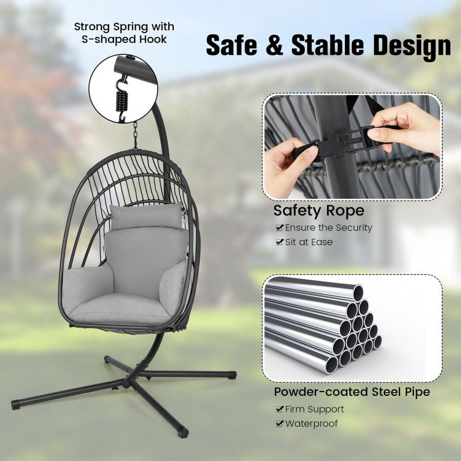 Aimee Lii Hanging Folding Egg Chair with Stand Soft Cushion Pillow Swing Hammock, Hanging Hammock Chair, Gray