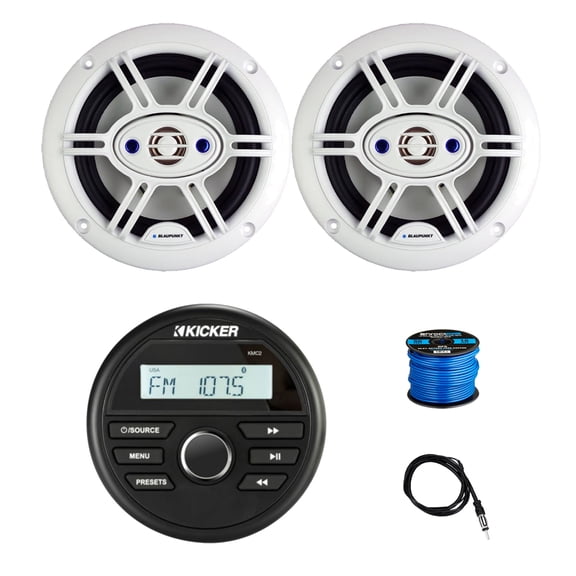 Kicker 46KMC2 All-Weather Marine Gauge Style Bluetooth AM/FM USB Media Center Receiver, 2x 6.5" 240 Watt 4-Way Outdoor Speakers (White) w/Wire, Radio Antenna