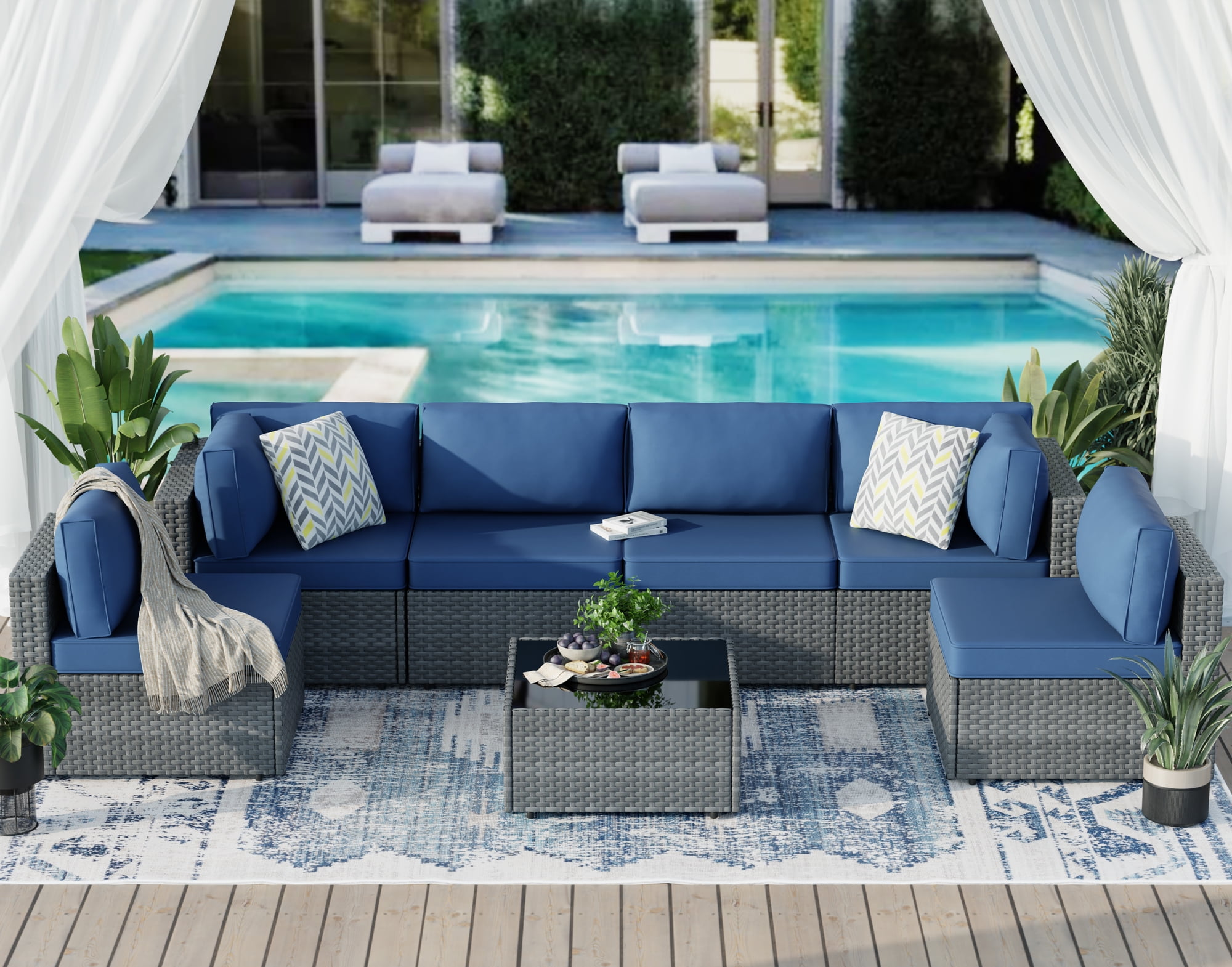 Walsunny 7 Pieces Patio Conversation Set, All-Weather Rattan Wicker Patio Furniture Sets with 6 Chairs and 1 Coffee Table, Washable Couch Cushions,Sliver Rattan Navy Blue Cushions