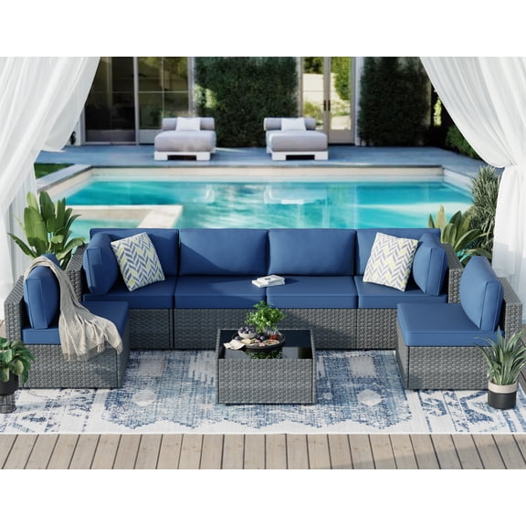 Walsunny 7 Pieces Patio Conversation Set, All-Weather Rattan Wicker Patio Furniture Sets with 6 Chairs and 1 Coffee Table, Washable Couch Cushions,Sliver Rattan Navy Blue Cushions