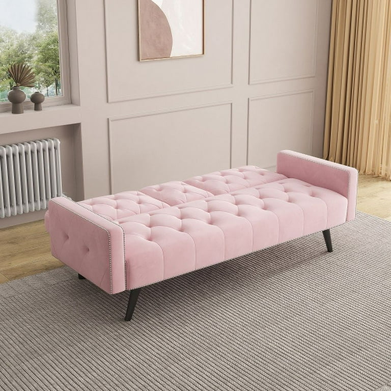 Futon Sofa Bed Upholstered Velvet Sofa Couch with 2 Cup Holders for Living Room Bedroom Office Small Spaces Pink Walmart