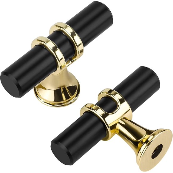 Cabinet Knobs and Handles - 2-Pack Black and Gold Single-Hole Design, Zinc Alloy, for Kitchen Cabinets, Dressers, Furniture