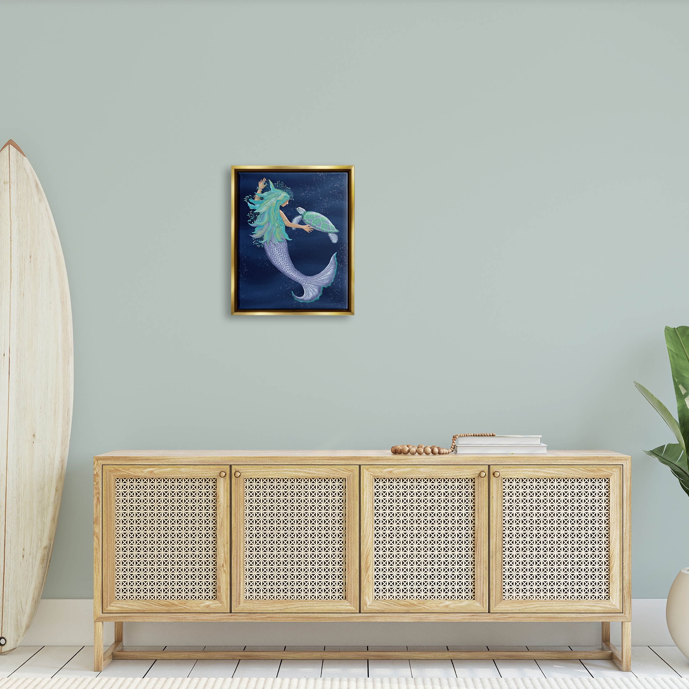 Nautical Mermaid Swimming Tortoise Fairy Tales & Fantasy Graphic Art Metallic Gold Framed Art Print Wall Art