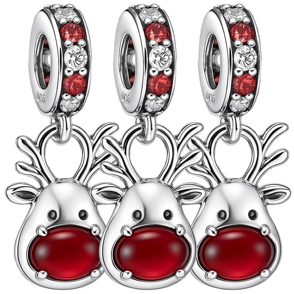 Colgante navideño estilo Reno XmasDeer03 3 Piezas Plata S925 Chapa Colgante Reno Navideño Plata/Rojo Caja Blanca 4x4cm.