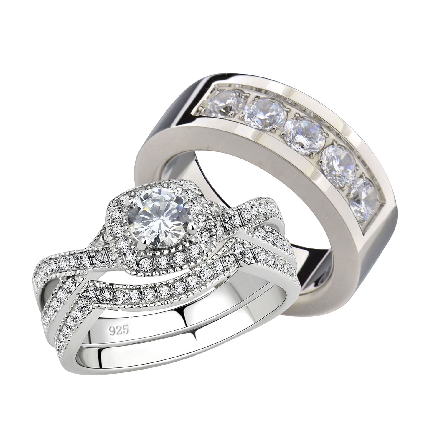 Women Stainless Steel Infinity Round Cut Cz Bridal Engagement Wedding Rings Set 