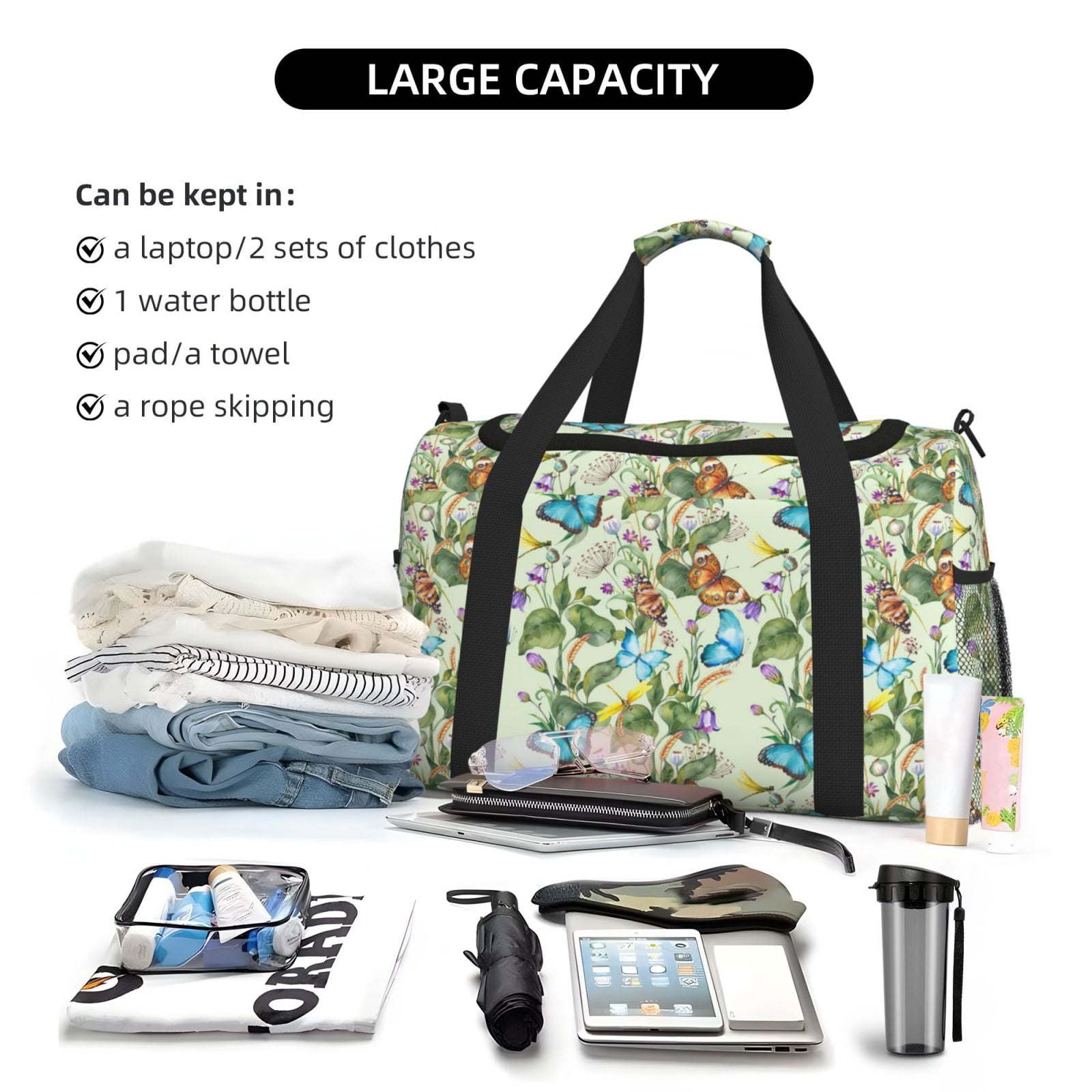 Fuzoiu Meadow Plants And Butterflies Print Travel Duffle Bag,Carry On Tote Bags,Duffel Bag,Sport Gym Bag, Hospital Bag for Labor and Delivery, Overnight Bag,Luggage Bag