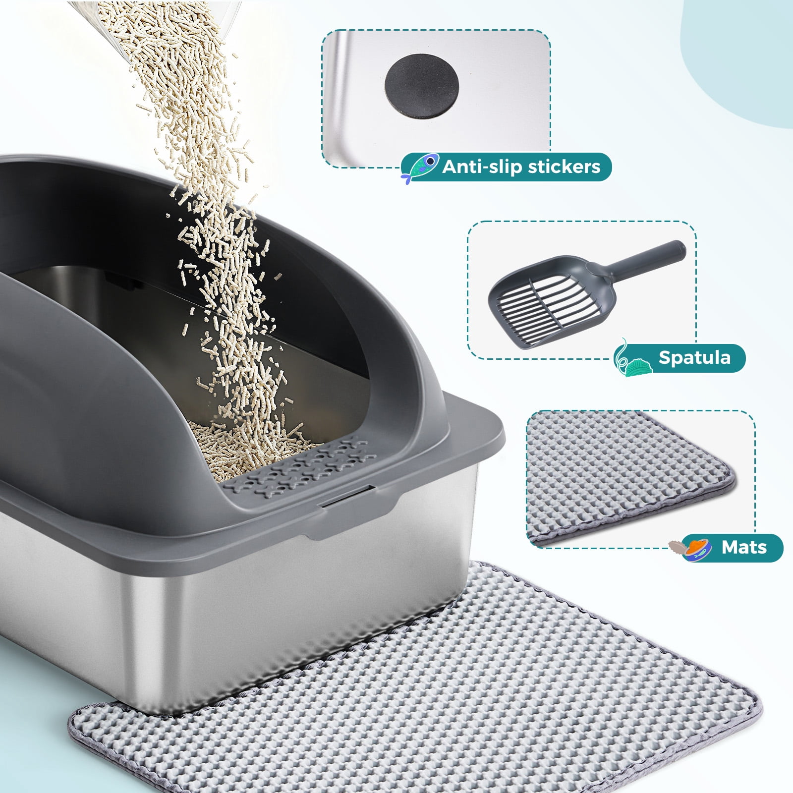 CONCETTA 24in Stainless Steel Cat Litter Box with Lid, Large Cat Litter Box for Cats, High Wall Sides, Anti-Urine Leakage, Easy Cleaning, Scoop and Mat Included, Dark Grey