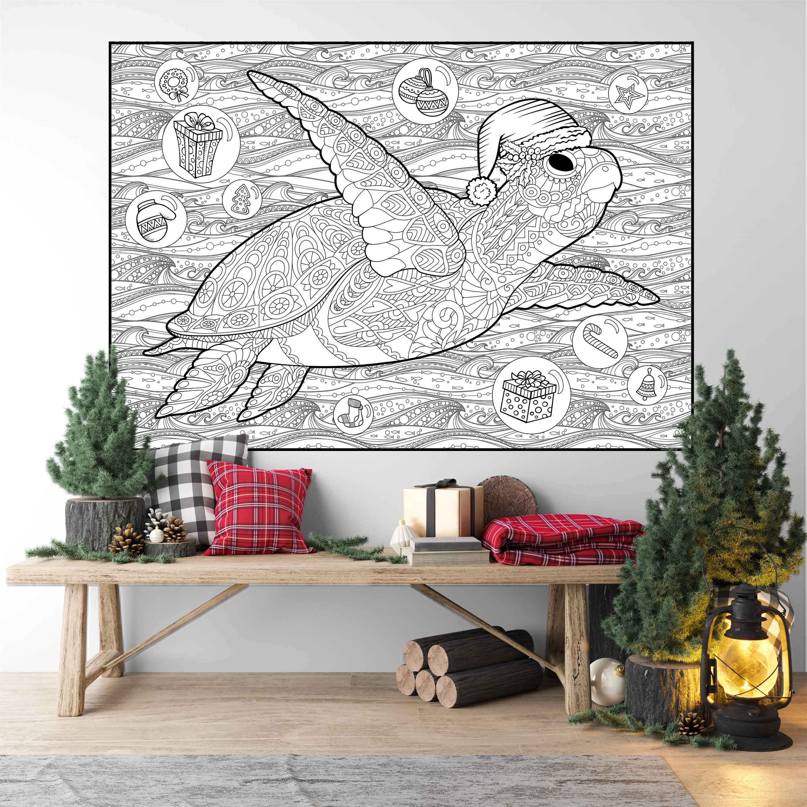 Giant Coloring Poster - Premium Jumbo Coloring Sheets for Kids & Adults with Thick Bleed-Resistant Pages, Use on Floor, Wall, or Table, Use With Alcohol Based Markers (60” x 42”, ChristmasTurtle)