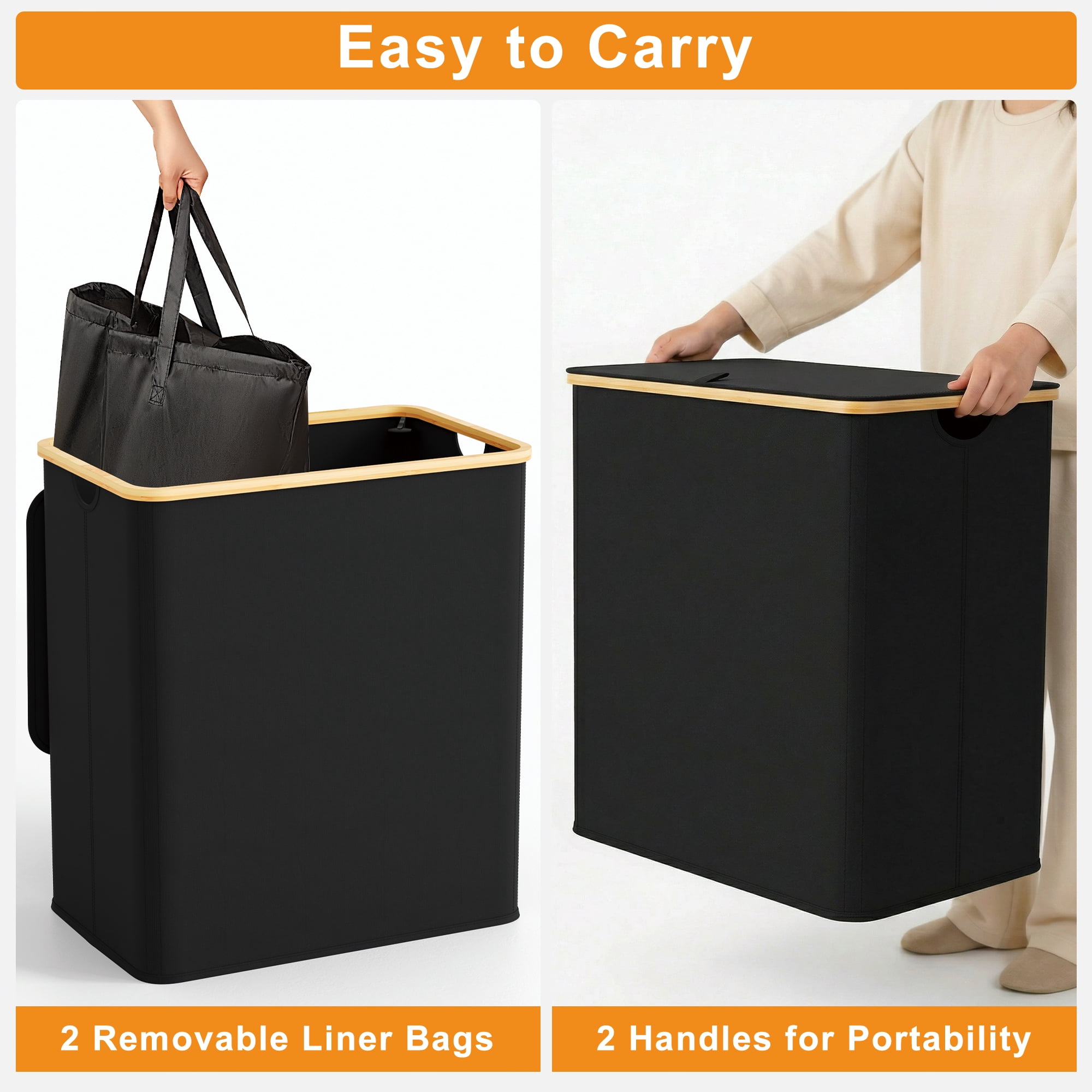 BGTREND 148L Double Laundry Basket with Lid, Clothes Hampers for Laundry with Bamboo Handles and Removable Liner Bags, Collapsible Laundry Sorter Dirty Clothes Hamper (Black)