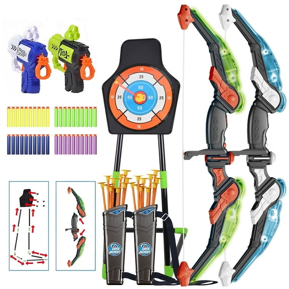 ASTRAEA 2 Pack Bow and Arrow Set for Kids, LED Light Up Archery Set with Shooting Game Toy & Standing Target for Boys and Girls Age 5 6 7 8 9 10 11 , Indoor Outdoor Activity Gift for Christmas