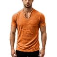 thumbnail image 2 of Zimjoy Men's Linen Shirts Loose Fit V-Neck Short Sleeve Tee Shirts Textured Solid Color Casual Streetwear Basic Tee Saffron L, 2 of 5