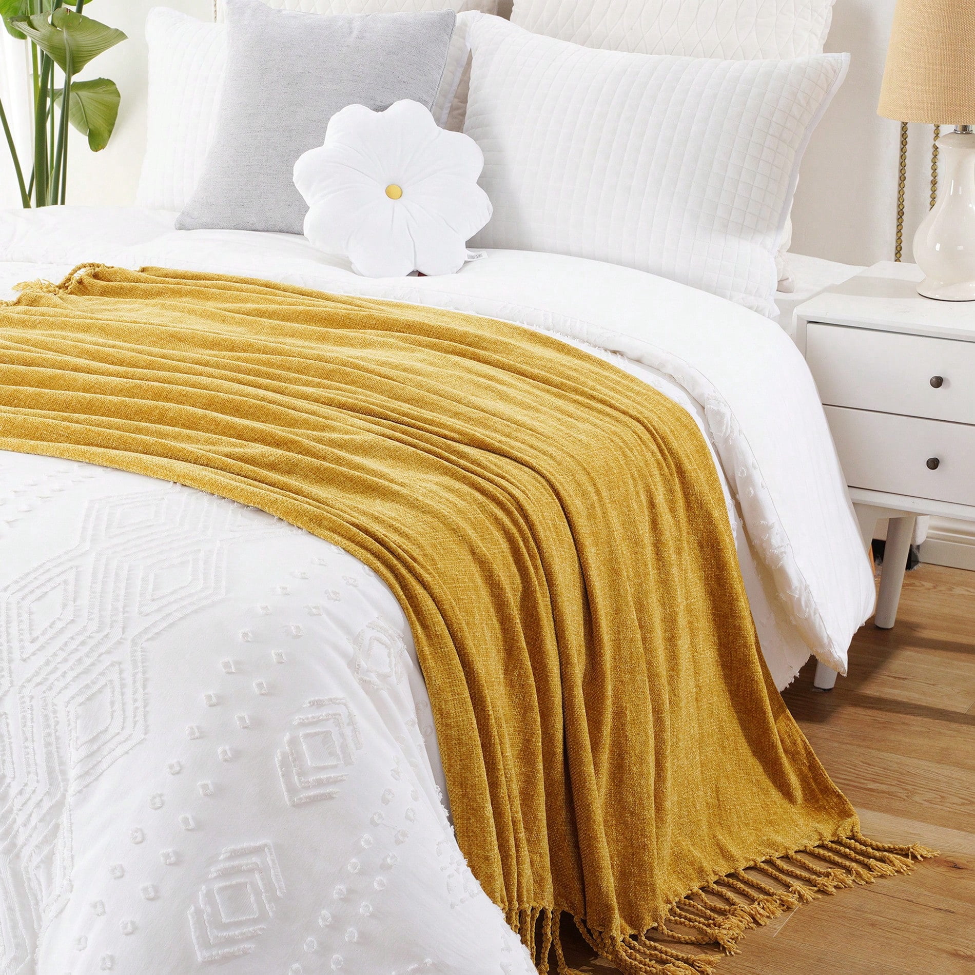 Battilo Mustard Yellow Chenille Throw Blanket,Decorative Fringe Velvety Gold Blanket for Home Decor,50"x60"