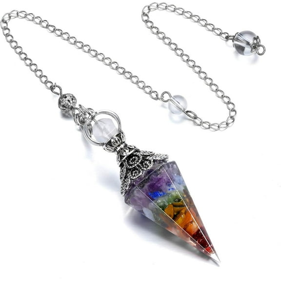 Natural Amethyst Healing Crystal Dowsing Pendulum Reiki Gemstone Chips Orgone Pendulum 6 Faceted Hexagonal Pointed Resin Spiritual Pendant for Divination, Wicca, Energy Balancing