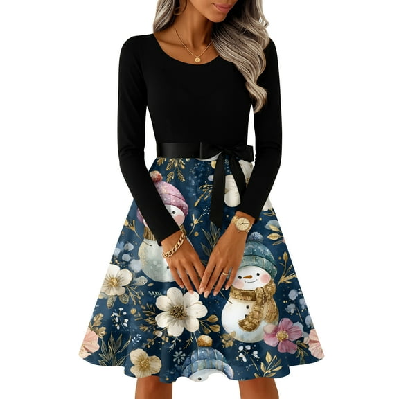 Women's Casual Fashion Round Neck Long Sleeve Christmas Printed Party Vintage Long Dresses, Retro Audrey Style, Holiday Dress for Christmas, Casual Wear, Festive,Dark Blue,5XL