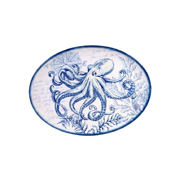 Octopus Nautical Oval Serving Platter Oceanic 18 x 13.5 Melamine Blue White