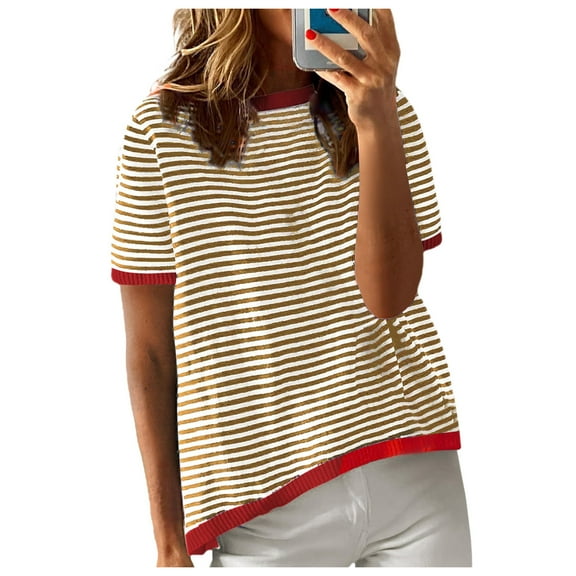 GEWSEY Womens Tops Casual Summer Crewneck Short Sleeve Striped Color Block Knit High Low Trendy Pullover Sweaters Bronze,XL