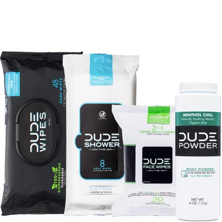 - DUDE Wipes Flushable (48ct) DUDE Shower Body Wipes (8ct) DUDE Face Wipes (30ct) & DUDE Body Powder Menthol Chill (1 Bottle) - Head to Toe Ultimate DUDE Combo