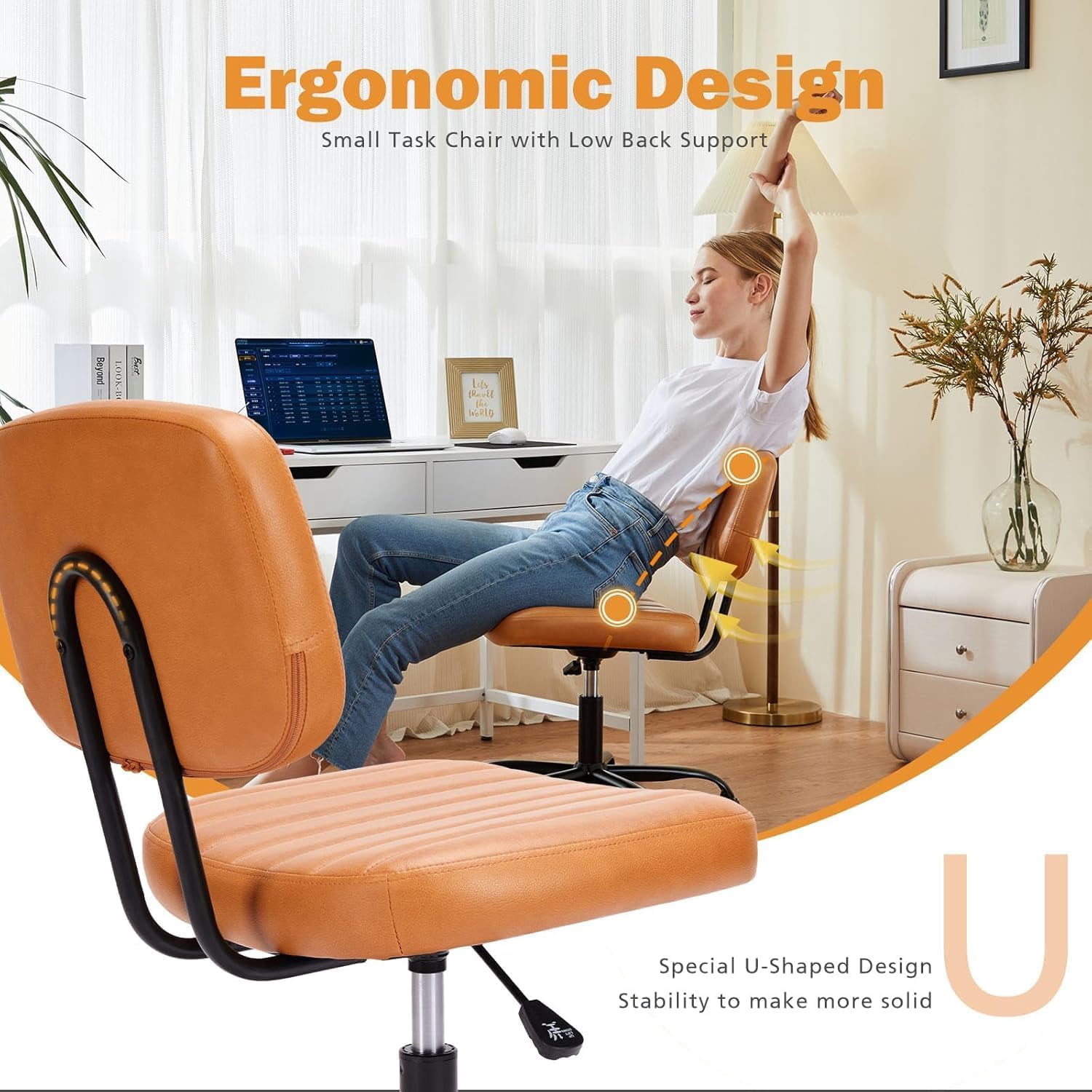 Armless Office Desk Chair with Wheels, Adjustable Height 360° Rolling Swivel Lumbar Support Low-Back Computer Chair, PU Leather, Brown