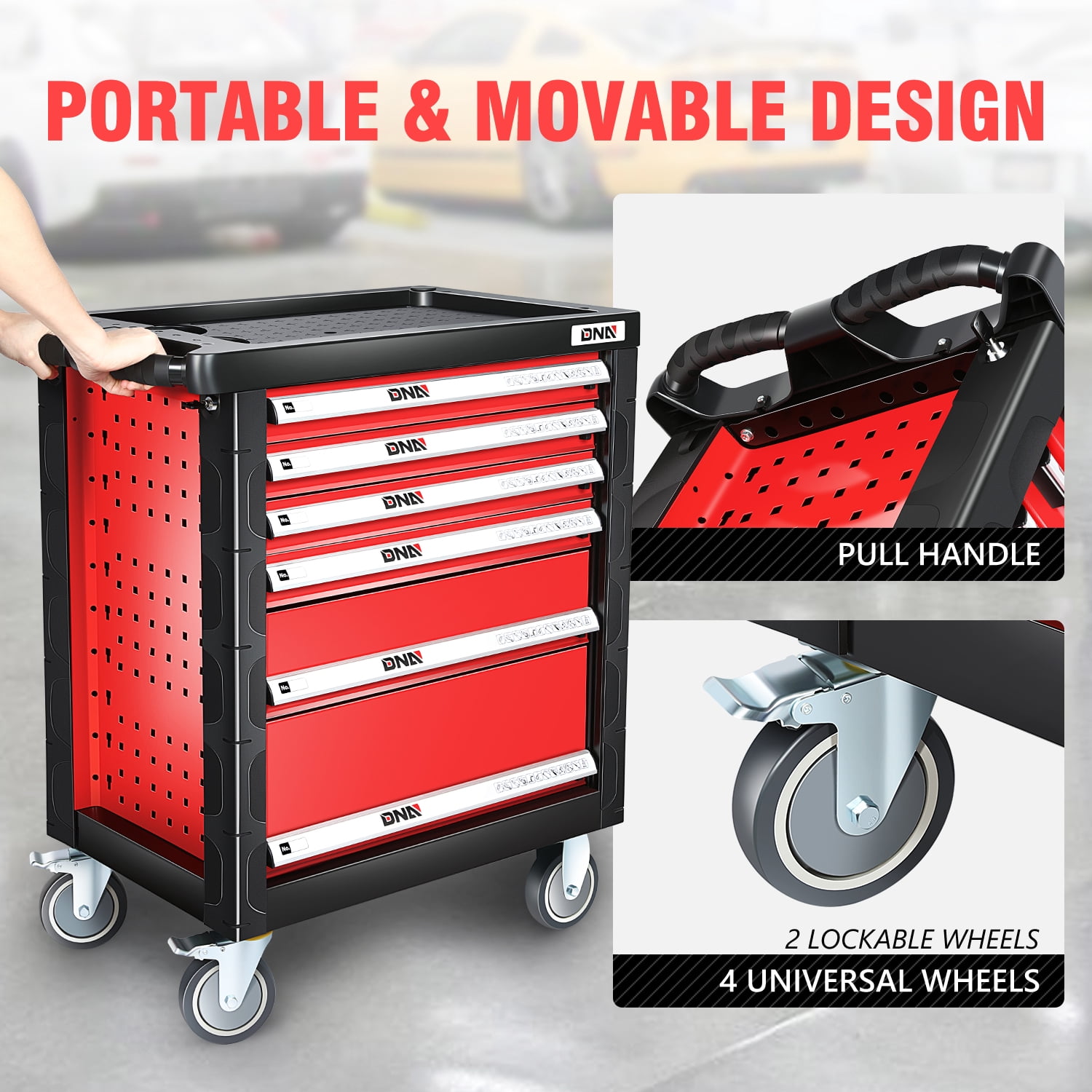 DNA Motoring TOOLS-00395 Garage Warehouse Workshop 6-Drawer Plastic Top Tray Rolling Tool Cabinet Chest With 4 Casters Red