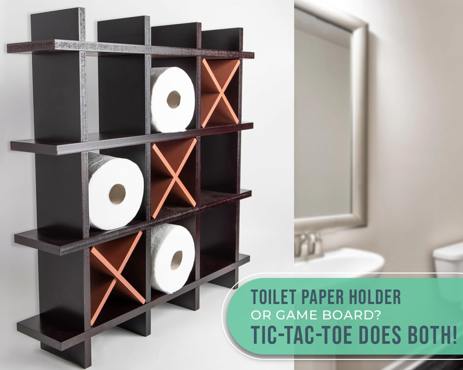 Comfify Cast Iron Tic-Tac-Toe Toilet Paper Holder, Freestanding or Wall Mounted, Dark Brown