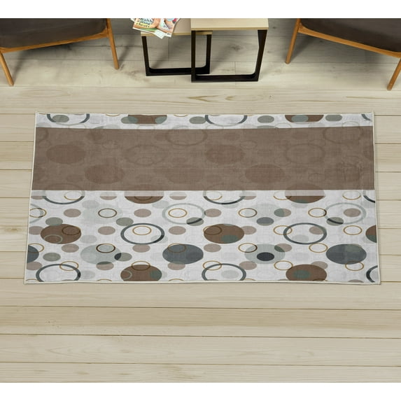 Abstract Decorative Rug, Circular Shaped Round Interlace Forms Retrospective Style Print Illustration, Quality Carpet for Bedroom Dorm and Living Room, 6 Sizes, Chocolate Ivory, by Ambesonne