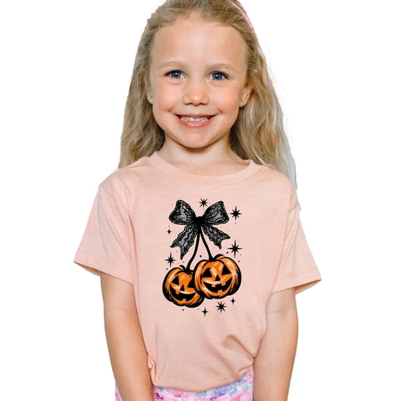 Halloween Jack-O-Lantern Pumpkin With Black Bow Shirt for Women, Teens & Girls Spooky Season Tee Peach Shirt Youth Medium