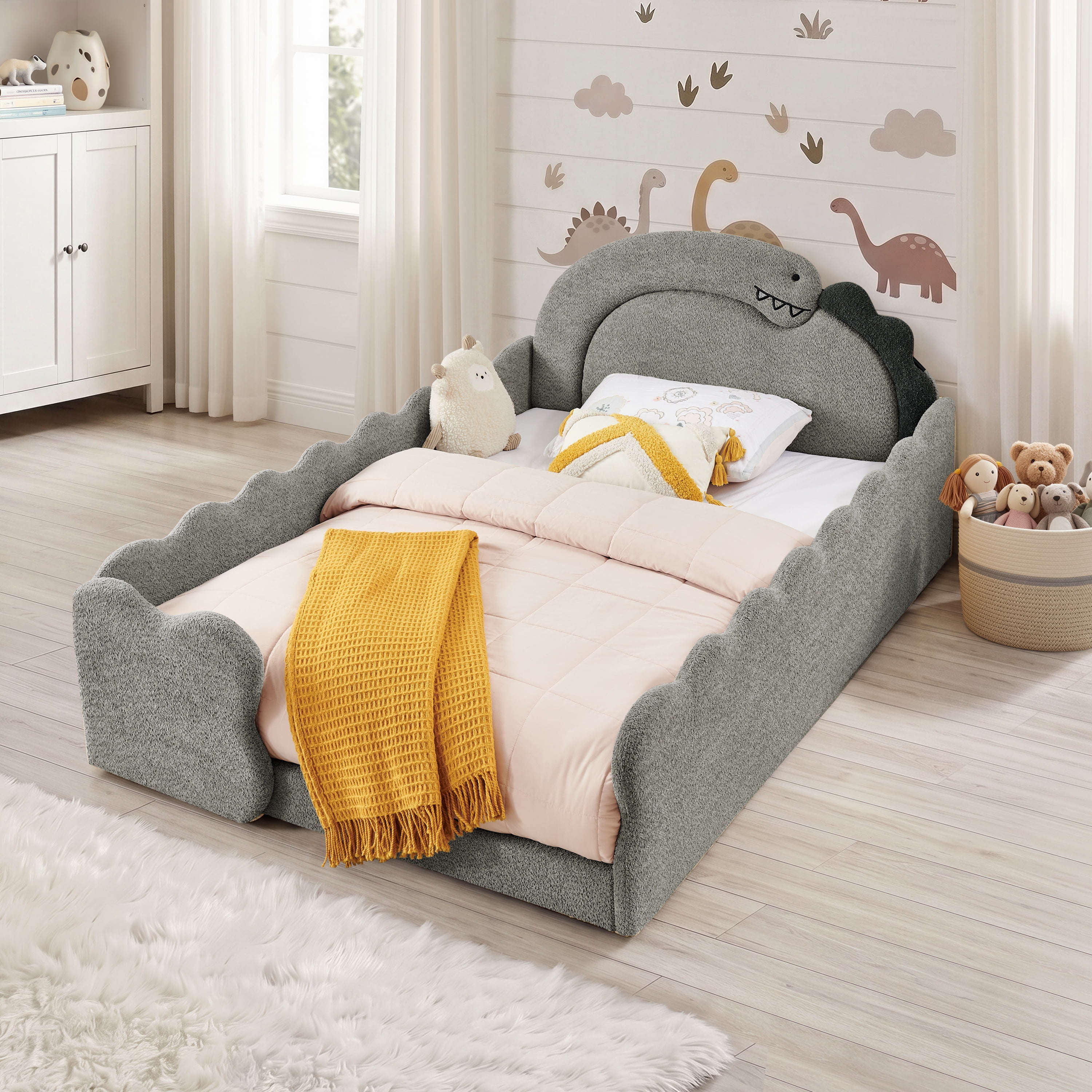 Avobird Full Size Cute Dinosaur-Shaped Kids Bed with Safety Guardraild, Solid Wood Toddler Bed Frame for Children for Bedroom, Boucle Fabric, Gray