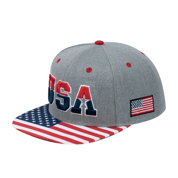 Unisex Embroidered Classic US American Flag, 6-Panel Snap Baseball Cap, Light Grey, Adjustable Fit