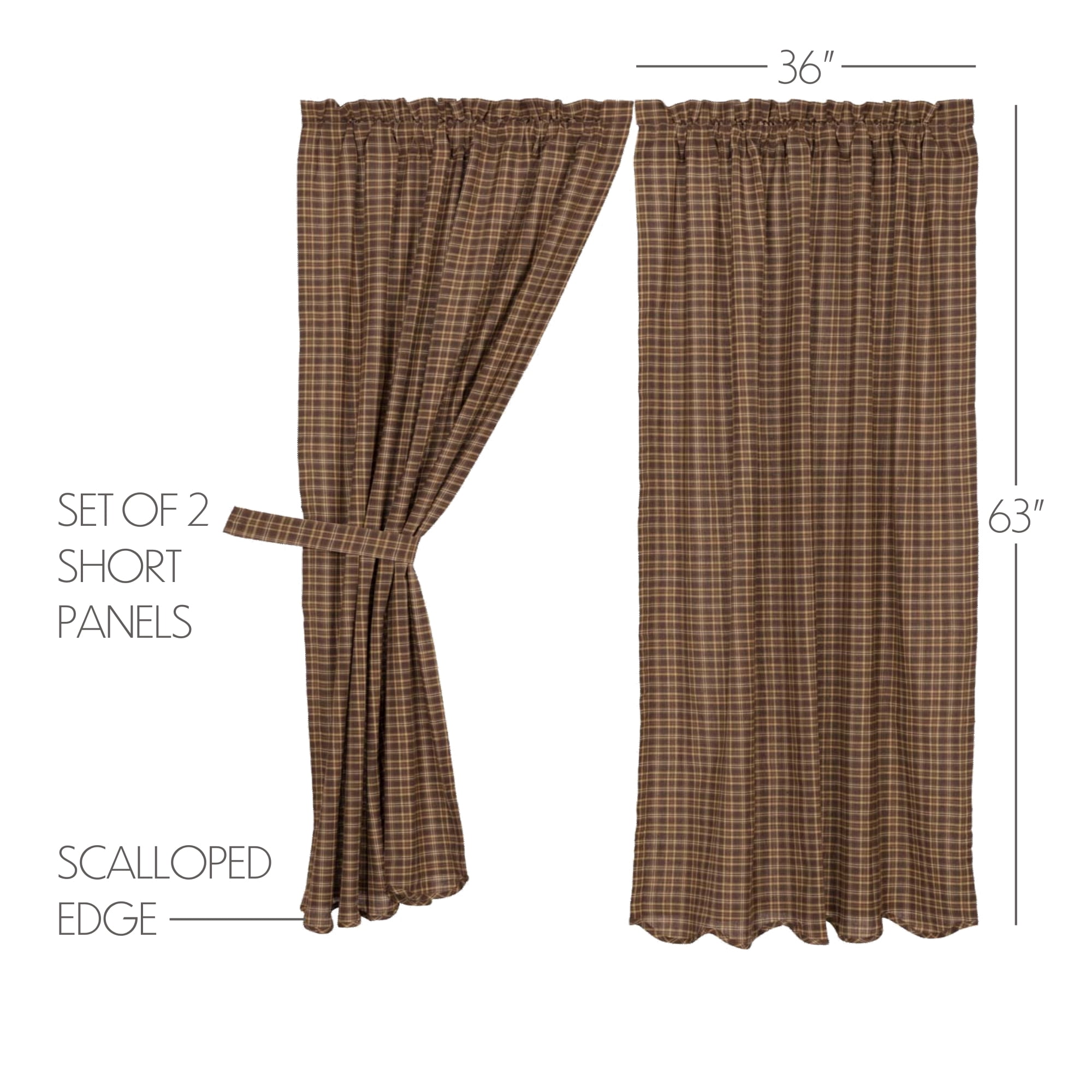 VHC Brands Prescott Rustic 63"x36" Panel Pair Brown Rod Pocket Cotton Plaid Tie Back(s) Window Curtains