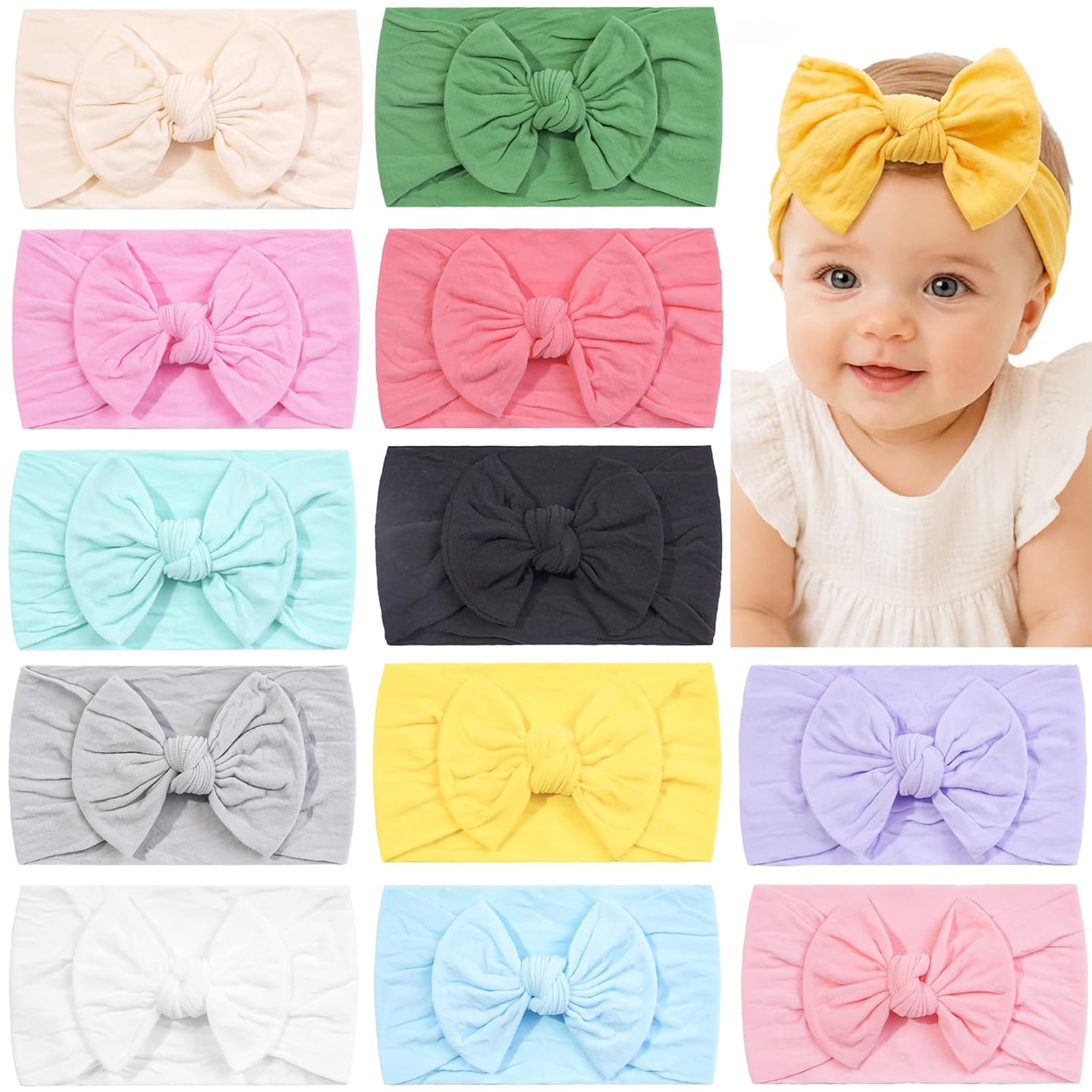 Square 12Pcs Soft Knot Baby Headbands with Bow - Stretchy Wrap Headband Set for Newborn, Infant, Toddler Girls and boys, Ideal Baby Shower Gift for New Moms (12 Colors)