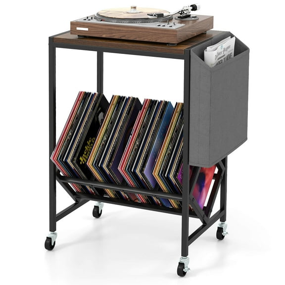 Costway Record Player Stand with Vinyl Record Storage & Side Storage Pouch, Swivel Wheels Brown