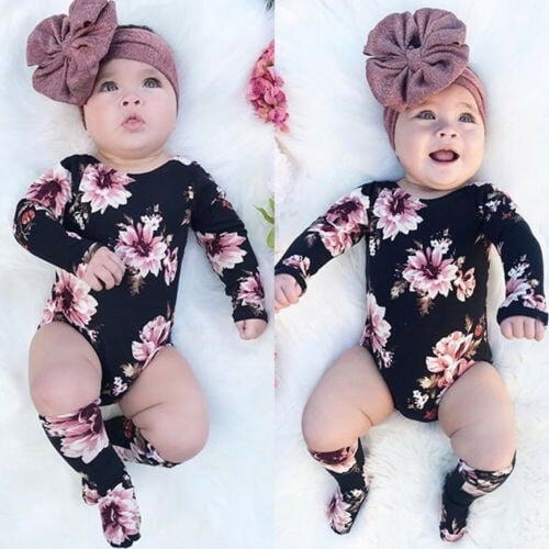 Newborn Infant Kids Baby Girls 3pcs Clothes Romper Tops Floral Pants Outfits Set 