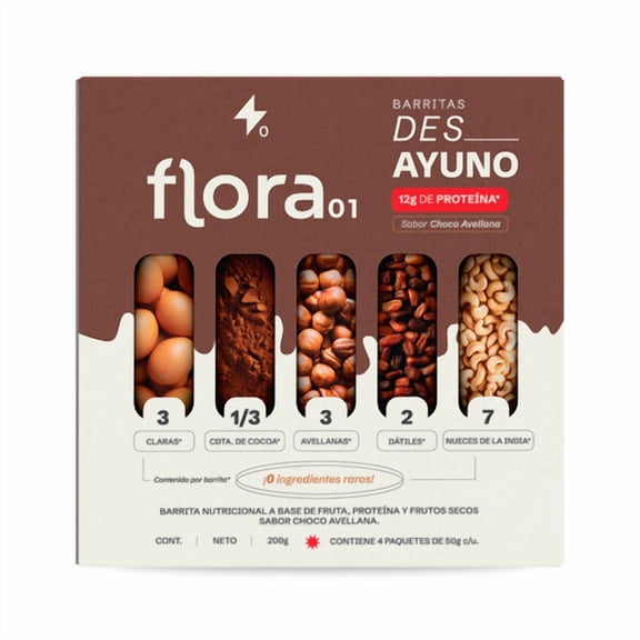 Barra de desayuno Flora01 sabor chocolate y avellana 4 paquetes de 50 gr c/u