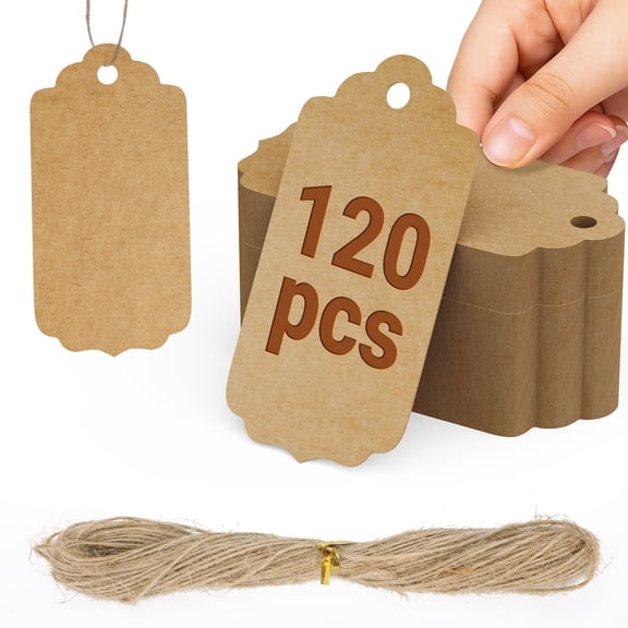 LIZEVINC 120pcs Kraft Paper Gift Tags with String Attached, Blank Gift Bags Tags,1.31*3.15inch Tags for Gifts, Clothes, Wedding,DIY Crafts, and Holiday Packaging (Brown)
