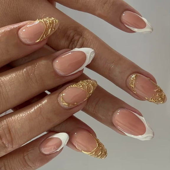 24Pcs/Pack Shimmering 3D Press On Nail French Tip Design Artificial Nail