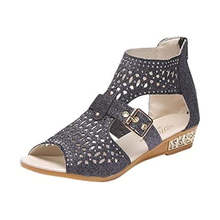 

Flat Sandals for Women Dressy Crystal Flat Set with Strap Hollow Open-Toe Flip-Flop Casual Slim Roman Shoes