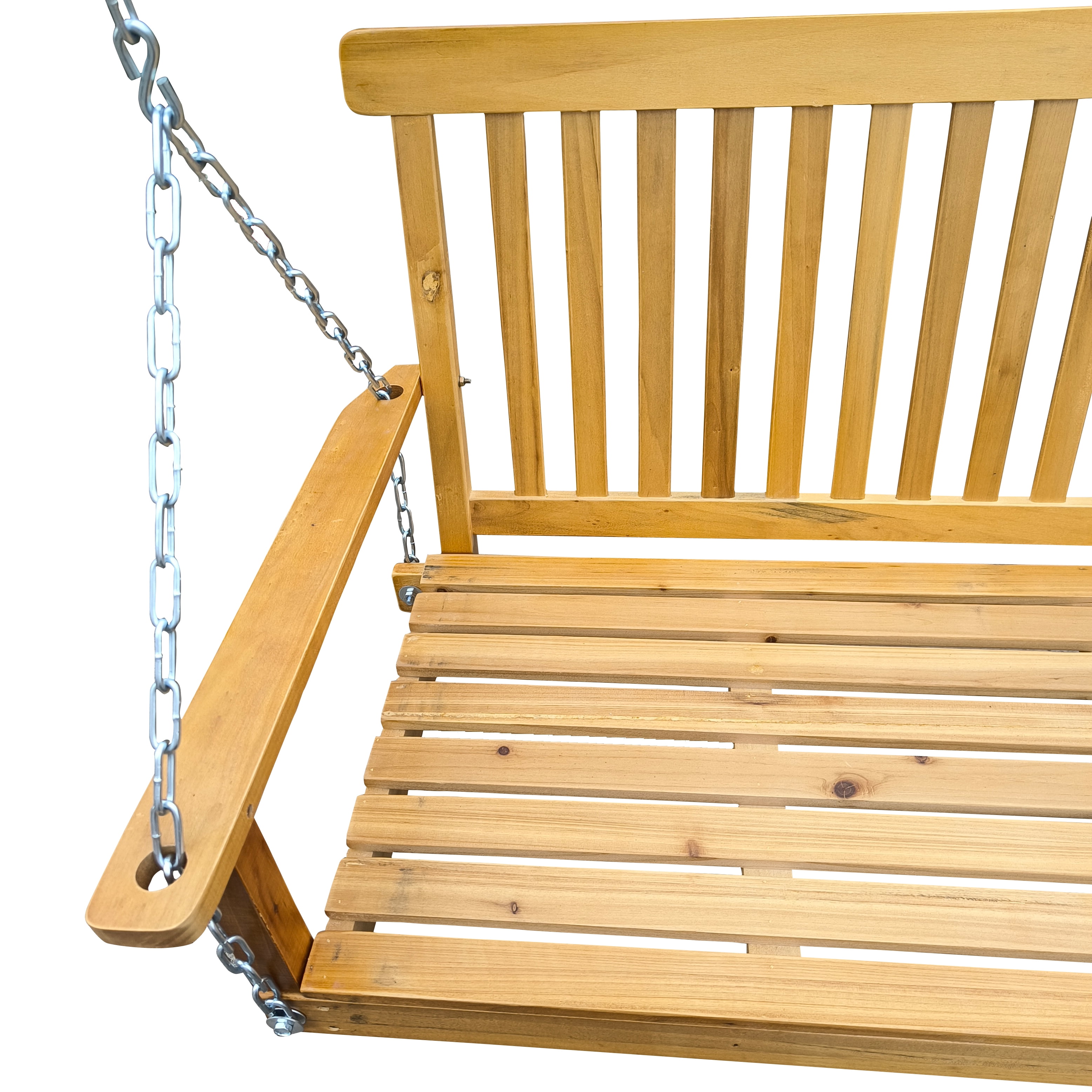 Hanging Porch Swing, Wooden Bench Swing with Armrests and Hanging Chains for Yard Garden Patio, Teak