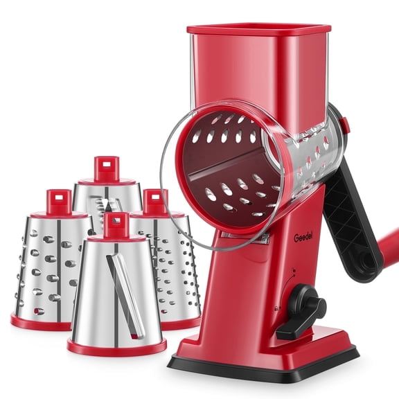 Geedel Rotary Cheese Grater - Upgraded Vegetable Shredder with 4 Interchangeable Blades, Easy to Clean, Kitchen Grater Nuts Grinder for Cutting Cheese, Vegetable, Nuts
