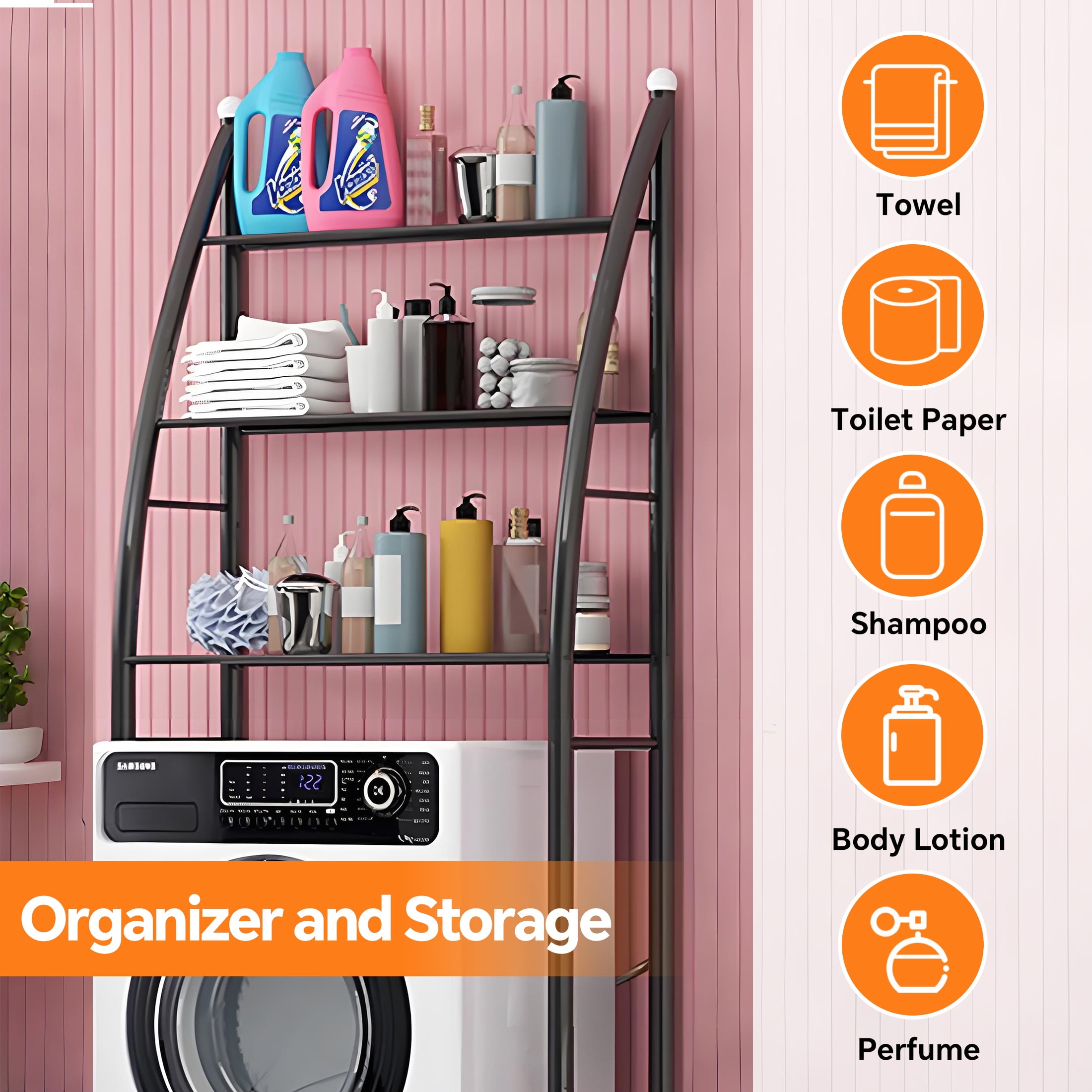 HIOHA 3-Tier Over Toilet Storage Rack with Toilet Paper Roll Holder & 4 Hooks, Steel Bathroom Space Saver Organizer, Black