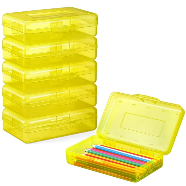 6 Pack Clear Pencil Box, Plastic Large Capacity Pencil Boxes Plastic Boxes with Snap-tight Lid, Office Supplies Storage Organizer Box, Stackable Design and Stylish,Yellow