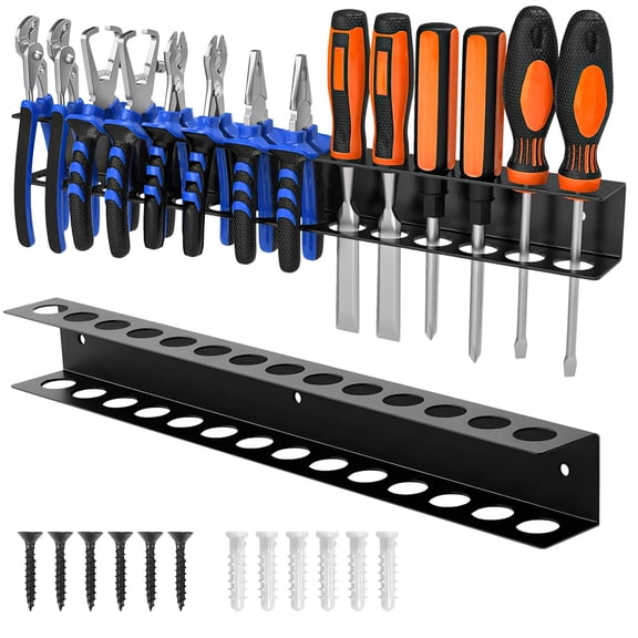 2 Pcs Screwdriver Holder Wall Tool Organizer, Black Iron Screwdriver Organizer Rack with 14 Holes, Wall Mounted Tool Storage for Garage Workshop Toolbox, Includes Screws and Anchors