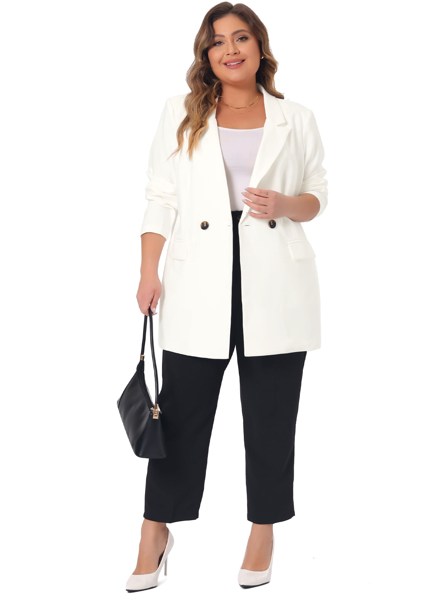 DARING DIVA Women's Plus Lapel Button with Pocket Jackets Long Blazer 2X White